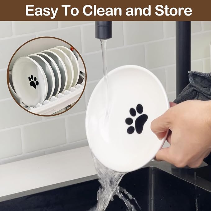 Cat Food Bowl Set of 6, Ceramic Cat Bowls, Anti Whisker Fatigue Cats Bowl Set,5.9 Inches Shallow Wide Kitten Plates for Wet/Dry Food, Indoor Pets (Paw)