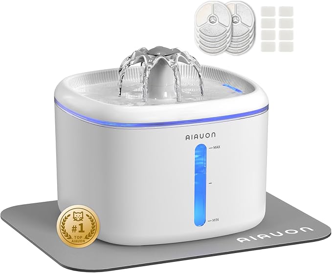 Cat Water Fountain,2.5L/84oz Pet Water Fountain for Cats Inside, Cat Fountain for Drinking with Ultra Quiet Pump(≤20dB)& LED Blue Light - for Pets Small Animals