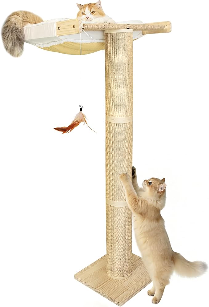 54" Tall Cat Scratching Post with Window Perch | White Fluffy Cushion, 3-Thickened Sisal Roman Columns, Drill-Free Suction Cup, Elevated Privacy Hammock, 60 LBS Capacity