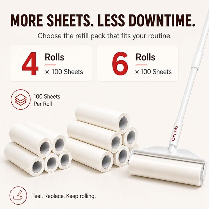 Large Lint Roller Pet Hair Remover, Long Handle Floor Roller, 6 Refills 600 Sheets | Switch from 8.7 in handheld control to 47.2 in reach for carpets, couches, cars, and narrow spaces under beds and sofas.