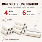 Large Lint Roller Pet Hair Remover, Long Handle Floor Roller, 6 Refills 600 Sheets | Switch from 8.7 in handheld control to 47.2 in reach for carpets, couches, cars, and narrow spaces under beds and sofas.