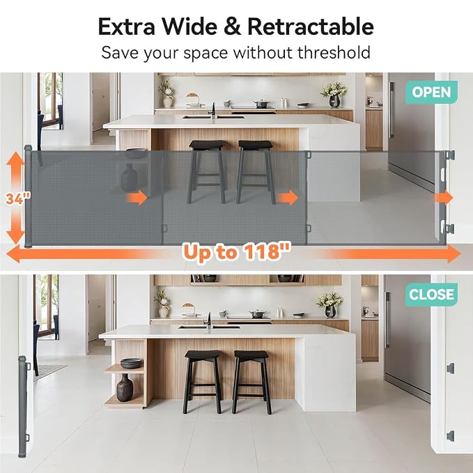 COMOMY 118" Retractable Baby Gates Extra Wide, Retractable Dog Gate for Large Openings, Extra Long Dog Gates for The House, Extra Large Mesh Pet Gate for Stairs, Doorways, Hallways, Indoor&Outdoor | Extra Long Dog Gates for The House, Extra Large Mesh ...