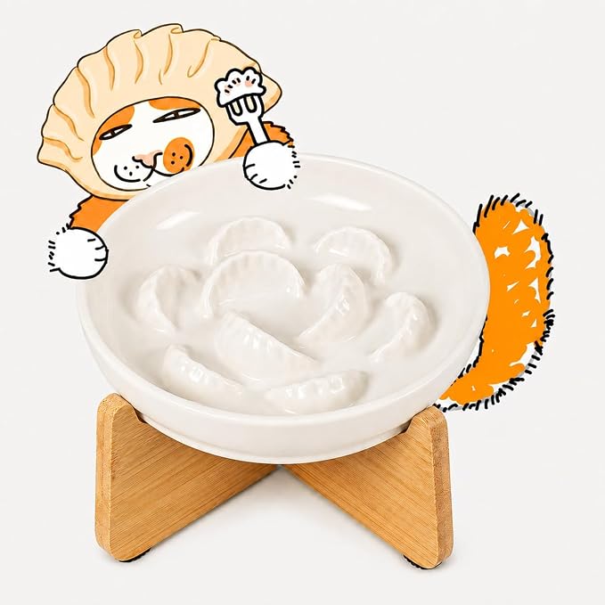 Elevated Slow Feeder Cat Bowl with Bamboo Stand, 6.3'' Ceramic Cat Food Bowl, Raised Whisker Friendly Cat Dish for Wet & Dry Food, Dishwasher Safe Anti-Slip Feeder for Cats & Small Dogs (White)