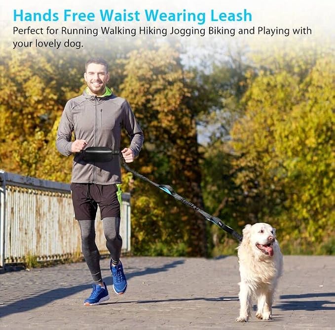 Uppetly Hands Free Dog Running Leash with Adjustable Waist Belt, Dual Handle Elastic Bungees Retractable Rope for Medium and Large Dogs, Reflective Stitches for Walking Hiking Biking (Large, 25-120lb)