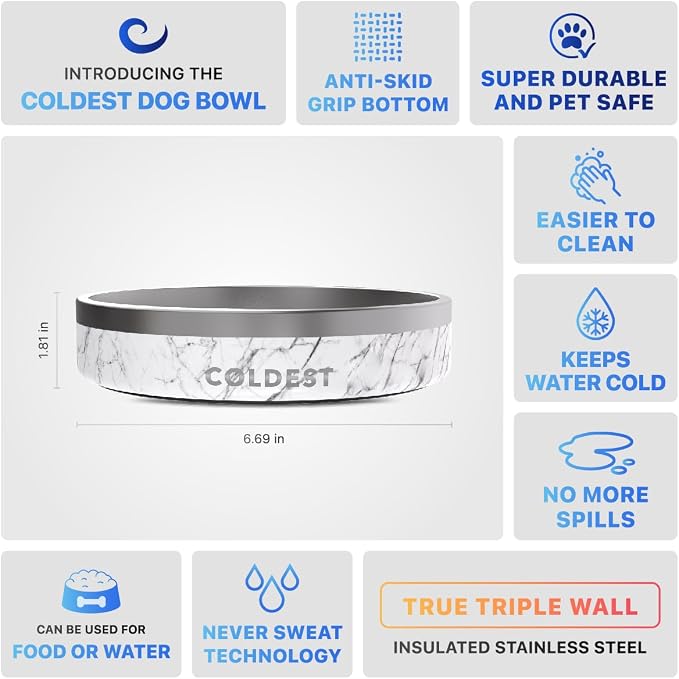 Coldest Dog Bowl - Anti Rust Metal, Non Slip, 3 Layers Insulated Stainless Steel Dog Bowls - Spill Proof & Heavy Duty - Water Bowl for Dogs, Cats & Pets, Dish Washer Safe (21 oz, Carrara Marble)