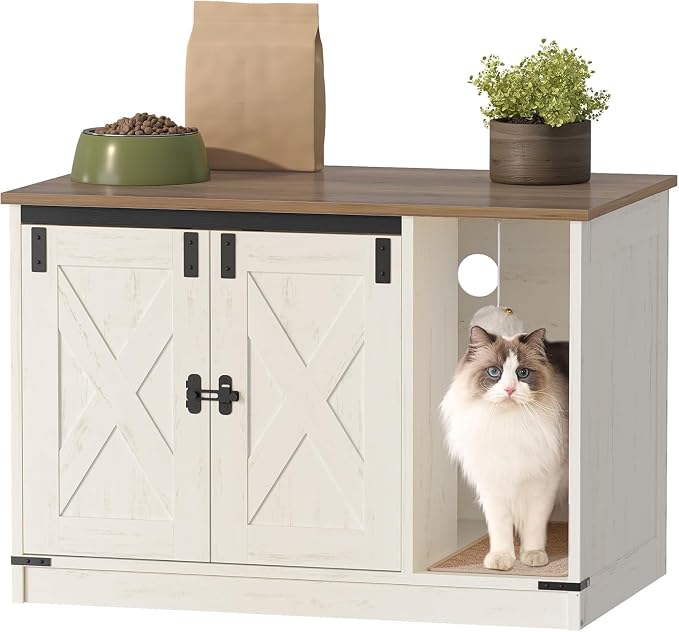 Hzuaneri Cat Litter Box Enclosure, Hidden Litter Box Cabinet Furniture | Indoor Cat House with Bell, Farmhouse Style, 31.5 x 19.7 x 20.9 Inches, for Hallway, Bedroom, Rustic Brown and White CB82414X