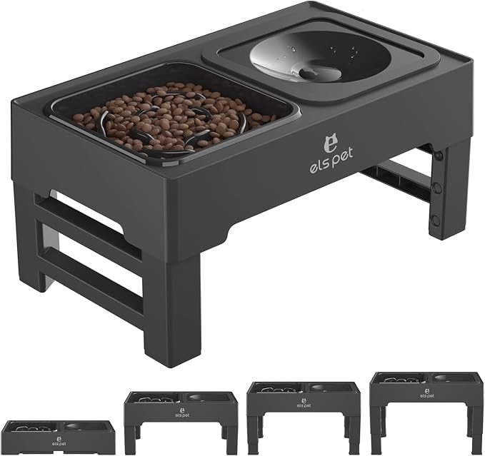 ELS PET Adjustable Elevated Dog Bowls, No Spill Water Bowl and Slow Feeder | Adjustable Height 3 to 11 Inch, Small, Medium, Large Dog, Slow Feeder Insert, No Spill Water Bowl, Anti-Slip Feet, Removable