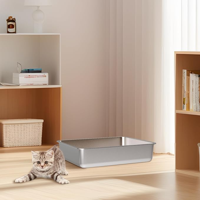 Stainless Steel Litter Box,Metal Cat Litter Box for Kitten | 17.7" L x 13.77" W x 4" H Metal Litterbox for Elderly Cats,Non Stick, No Smell, Easy Entry,Easy to Clean