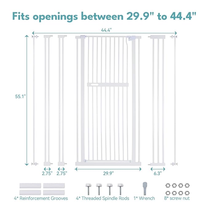 No Pawblems 55.1" Extra Tall Pet Gate, 29.9"-44.4" Wide Cat/Dog Gate, White | No Drilling Pressure Mounted, 1.37" Narrow Bar Spacing, Auto Close Tall Cat Gate for Doorway Hallway, One-Hand Operation