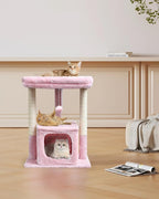 SYANDLVY Pink Cat Tree for Indoor Cats Large Adult, 27" Activity Tower | Scratching Posts, Modern House with Padded Perch, Kittens Condo, Cat Cave, Pink