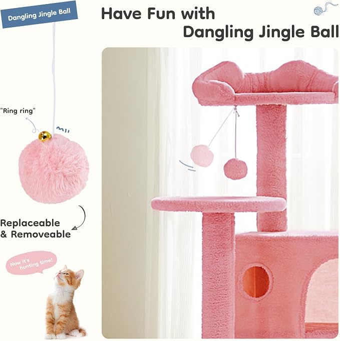 DUMOS 54 Inch Cat Tree Tower with Scratching Posts, Pink | Multi-Level Pet House for Large Cats with 2 Condos, Scratching Posts, Round Platform, Small Ladder and Toys