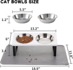 Summark Upgraded Elevated Cat Bowls with Food Mat,15°Tilted Stand Anti Vomiting Raised Cat Dishes for Food and Water,2 Stainless Steel Bowls for Cats and Puppy（White）