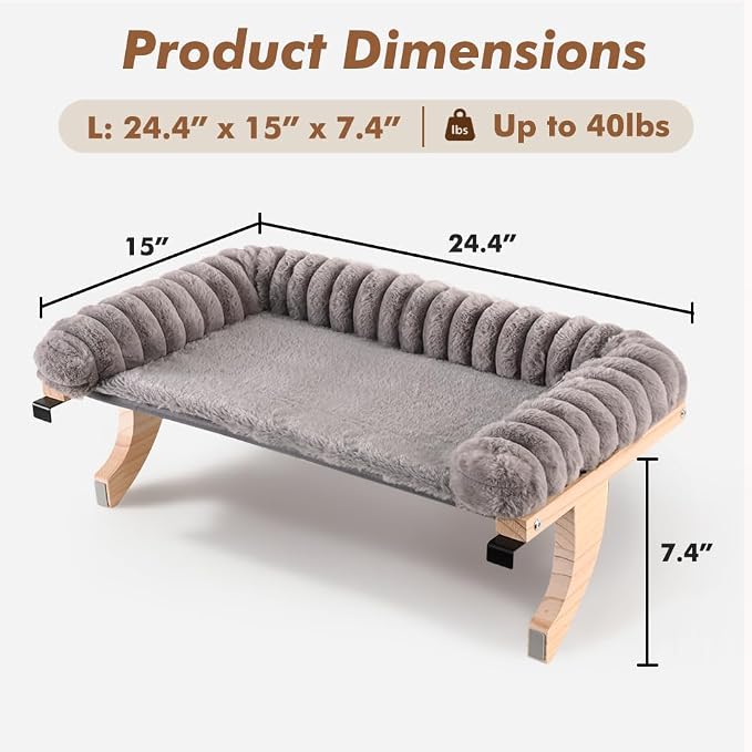 Cloud-Soft Cat Window Sill Perch with Zipper Designed Cushioned Bed, Supportive Cat Window Seat with Premium Solid Wood & Sturdy Metal Frame, Pet Hammock Bed for Large Cats (Large, Gray)