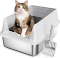 Stainless Steel Cat Litter Box for Small Cats, Odor Free Metal Litter Box | High Sides Lid Open Top Low Entry Litter Pan Easy Cleaning Kitty Cat Box Anti-Urine Leakage Non-Sticky Include Scoop