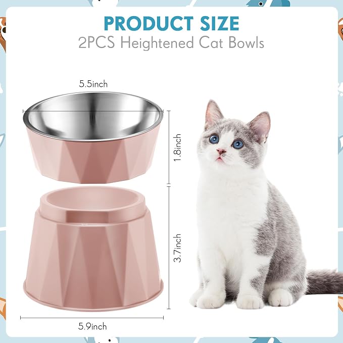 Lallisa 2 Pcs Elevated Cat Bowls Adjustable Raised Cat Feeder Non Slip Food Water with Stand Safe Stainless Steel Bowls with Pet Food Stand for Pets Feeding Eating(Pink, White)