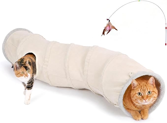 Ownpets S-Shape Cat Tunnel Toy 48"L x 10"D, for Cats, Puppies & Small Pets | Collapsible for storage, tear-resistant oxford fabric, connects to other tunnel, with peek hole, feather wand, indoor/outdoor