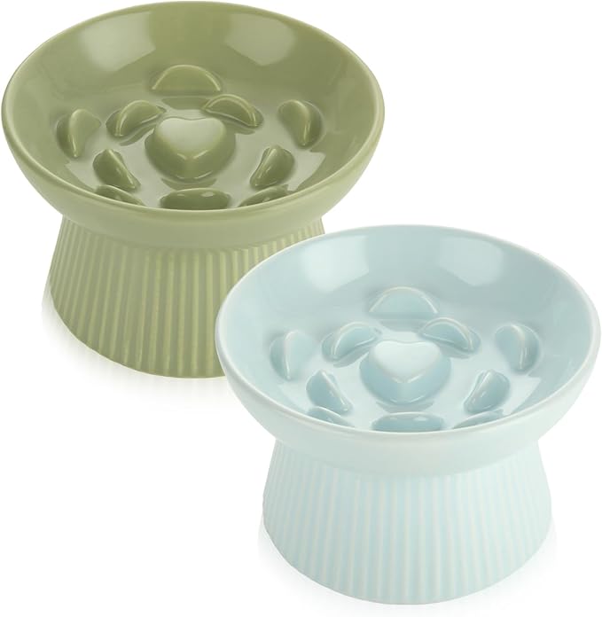 ABuff 2 Pack Raised Cat Slow Feeder, Elevated Slow Feed Dish for Cats and Small Dogs, Ceramic Slow Feeder Cat Bowl, No Spill High Edge for Dry/Wet Food(Blue, Green)