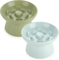 ABuff 2 Pack Raised Cat Slow Feeder, Elevated Slow Feed Dish for Cats and Small Dogs, Ceramic Slow Feeder Cat Bowl, No Spill High Edge for Dry/Wet Food(Blue, Green)