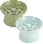 ABuff 2 Pack Raised Cat Slow Feeder, Elevated Slow Feed Dish for Cats and Small Dogs, Ceramic Slow Feeder Cat Bowl, No Spill High Edge for Dry/Wet Food(Blue, Green)