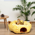 AUOON Cat Donut Tunnel with Bed for Kitten Puppy Rabbit Ferret, Yellow | 2-in-1 Interactive Cat Toy, with Hanging Ball Toy, Machine Washable Center Pad, 36"L x 36"W x 10.7"H