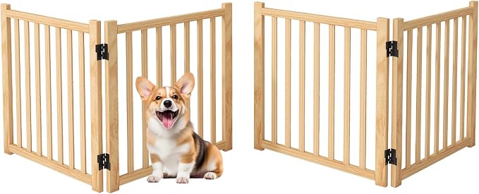 Freestanding Wooden Dog Gate Indoor- 23" H 2 Panels 2PCS | No-Painted Folding Pet Gate, Foldable Puppy Fence for Stairs, Doorways, Hallways