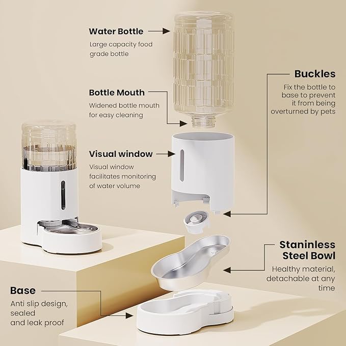 CZPET Automatic 4L/135Oz/1Gal Cat Water Dispenser with Stainless Steel Bowl, Gravity Waterer for Small Medium Dog Puppy Kitten (White) | With Stainless Steel Bowl, Gravity Waterer for Small Medium Dog Puppy Kitten