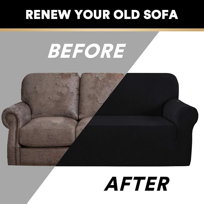 Stretch Sofa Cover Slipcover Couch Covers for 3 Cushion Couch Furniture Protector Sofa Covers with Non Slip Elastic Bottom Dogs Pet Friendly Fitted(Large Sofa 90"-100",Black)