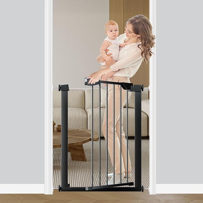 Fairy Baby 22.8"-25.5" Narrow Baby Gate for Small Stairs/Doorways/Hallways | Pressure Mounted Auto-Close Pet Gate, Metal Tension Safety Child Gate No Drill, Walk Thru Easy Install, No Extensions, Black