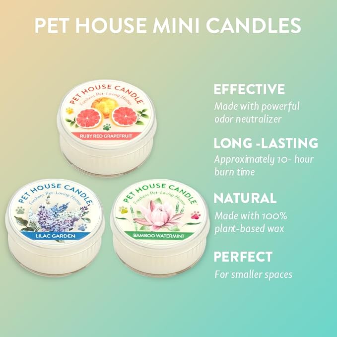 Pet House Mini Candles for Pet Odor Made with Natural Soy Wax, Plant Based, Dog and Cat Friendly Scented Candles, Floral Variety Pack of 3