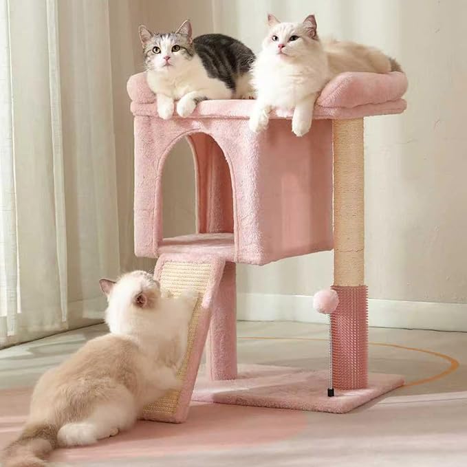 Cute Cat Tree 28” Pink Cat Tower with Top Large Bed 20x13” | Compact Cat Trees with Sisal Sratchign Post, Ramp, Self-Groomer, Cat Condo & Toy Ball Fit Small Space for Indoor Adult Cats