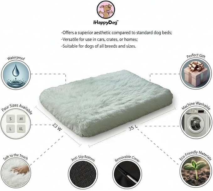 Faux Fur Orthopedic Rectangular Dog Bed, Memory Foam, White Medium 35"x23" | Plush Sheepskin Style Furry Rug, Calming for Senior and Large Dogs, Washable Waterproof Cover, Fits Crates and Floors