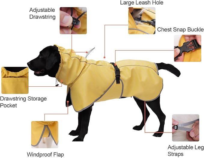 DELIFUR Medium Dog Raincoat Waterproof - Adjustable Dog Poncho Raincoat Lightweight Rain Jacket with Soft Lining for Large Dog Yellow (XXX-Large)