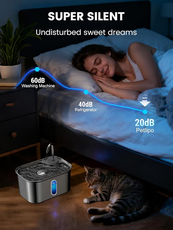 Cat Water Fountain Stainless Steel for Cats Indoor 2.5L 85oz by BPA-Free SUS304, Effective 6-Layer Filter Cat Fountain for Drinking 20dB Ultra Quiet Metal Pet Water Fountain (Fountain+1 Filter)