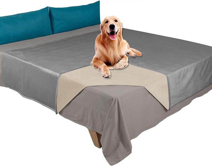 Ameritex Pet Bed Blanket Reversible 100% Waterproof Velvet Super Soft for Sofa and Bed (82x102 Inches, Light Grey+Beige)