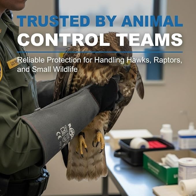 RAPICCA Animal Handling Gloves, Bite Proof Double Leather, 22 in Grey-Black | For Dog, Cat, Bird, Falconry, Snake & Reptile Handling; Vets, Groomers & Animal Control Teams