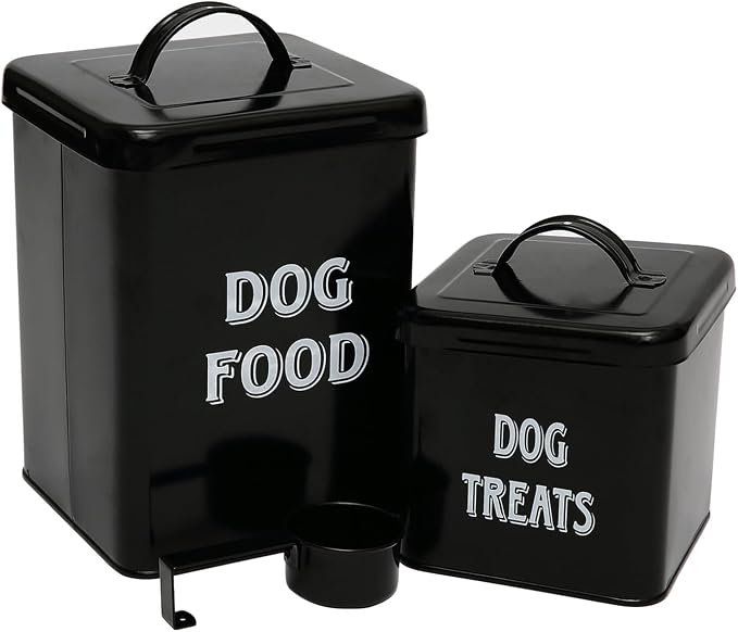 Morezi Dog Food Storage Container Farmhouse Pet Food Treats Holder with Lid and Scoop, Perfect Sturdy Canister Tins for Kitchen Countertop, Shelf, Great Gift for Pet Owners, 5 lbs Capacity - Black