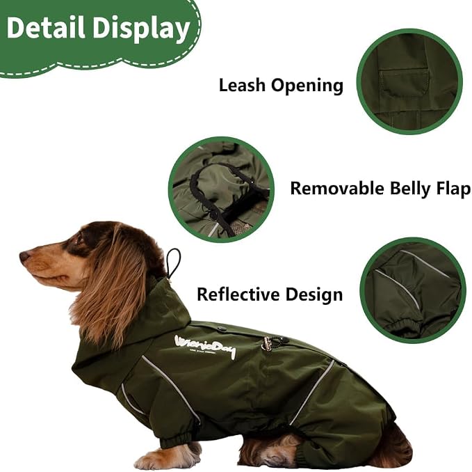 Dachshund Full Body Dog Raincoat, Waterproof 4-Leg Jacket with Removable Belly Flap, Lightweight Reflective Hooded Dog Coat for mini Dachshund Small Medium Dogs (Small (6-11lbs))