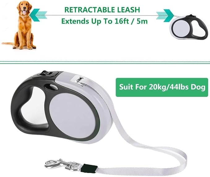 Dual Retractable Dog Leash for Walking 2 Small Dogs(Up to 44 Lbs Each) - Double Headed 18.5ft Extendable Pet Leash with Poop Bags, Non Slip Grip, One Button Control, 360 Tangle-Free (Gray, Medium)