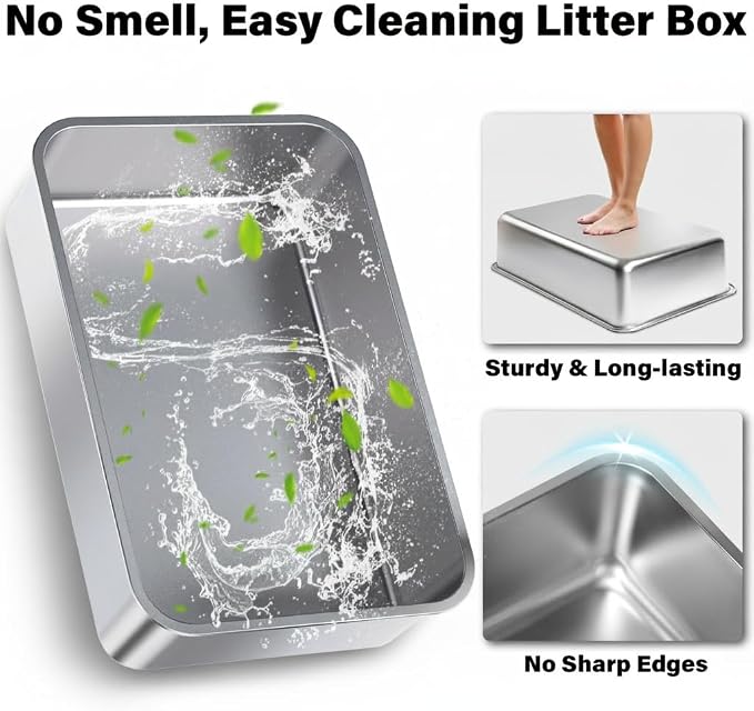 XL Stainless Steel Litter Box 2 Pack, Metal Cat Litter Box with Lid | Large to XLarge High Sided, Easy Clean, Non Stick & No Smell