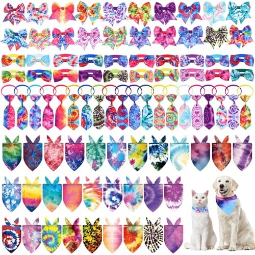 Reginary 120 Pcs Tie Dye Dog Bandanas Bulk Dog Bows Set Bow Ties Cat Scarf Colorful Washable Triangle Pet Kerchief Cute Bib for Summer Small Medium Large Pets Grooming Accessories Costume by Reginary