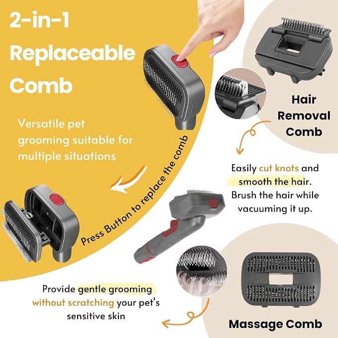 Pet Grooming Kit for Dyson V7 V8 V10 V11 V15, 2-in-1Head Brush | Vacuum-attached comb catches loose fur instantly. Dual heads suit long or short coats. Gentle tips massage skin while brushin