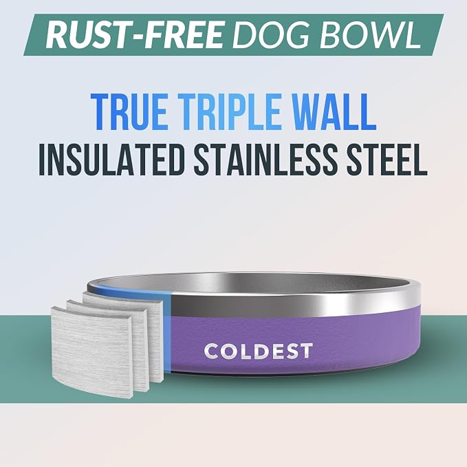 Coldest Dog Bowl - Anti Rust Metal, Non Slip, 3 Layers Insulated Stainless Steel Dog Bowls - Spill Proof & Heavy Duty - Water Bowl for Dogs, Cats & Pets, Dish Washer Safe (21 oz, Galaxy Purple)