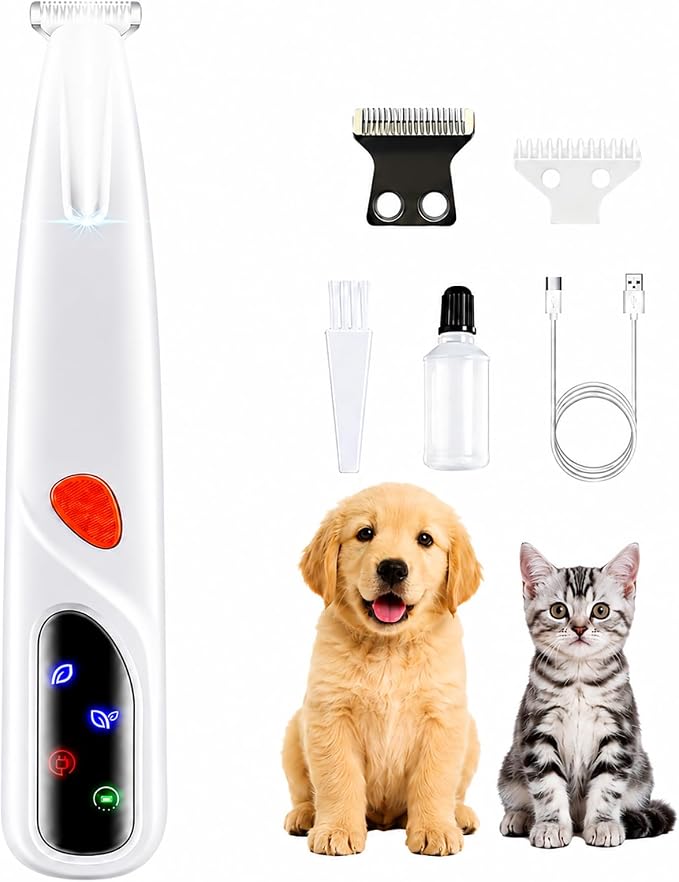 Dog & Cat Paw Trimmer with LED Light, Ultra Quiet Micro Precision Trimmer | 2 Mode Electric Quiet Rechargeable Clipper with LED Light & 2 Wide Blades (0.8"), Waterproof for Paws, Ears, Face, Rump