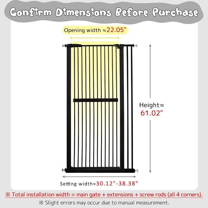 Lumizone 61.02" Extra Tall Pet Gate for Cat Dog 30.12"-38.38" Wide Black | Extra Tall Cat Gate for Doorway Hallway Stairs Pressure Mounted 1.37" Gap No Drilling Auto-Close Dual-Lock
