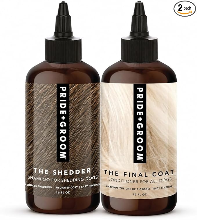 Pride and Groom The Shedder Box Set – Deshedding Dog Shampoo & Conditioner with All Natural Blend of Essential Oils & Ingredients to Moisturize & Untangle Curly and Wavy Coats – 32oz