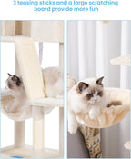 Hey-brother Cat Tree Tower with Padded Platform Bed, Hammock, MPJ019-SM | 53 Inches Cat House with Large Cozy Condo, Toy Balls and Sisal Scratching Posts for Indoor Multi-Cats, Beige