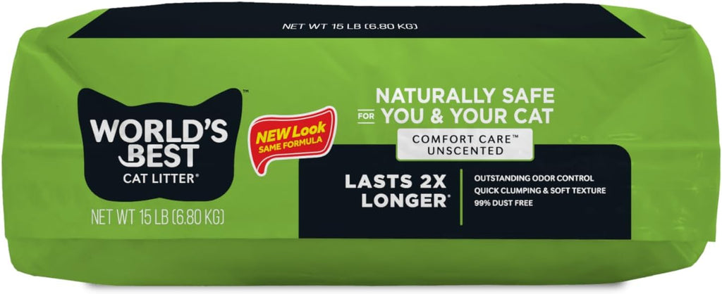 World's Best Cat Litter, Comfort Care, Unscented, Odor Control, 15 lb Bag | Gentle odor control for sensitive cats and lasts 2x longer; natural corn litter, quick clumping, flushable, 99% dust free