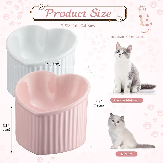 Mumufy 2 Pcs Ceramic Elevated Cat Bowls Tilted Elevated Raised Pet Bowls Anti Vomit Cat Dish for Indoor Stress Free Water Dish Feeder for Puppies, Heart Shaped(Pink, White)