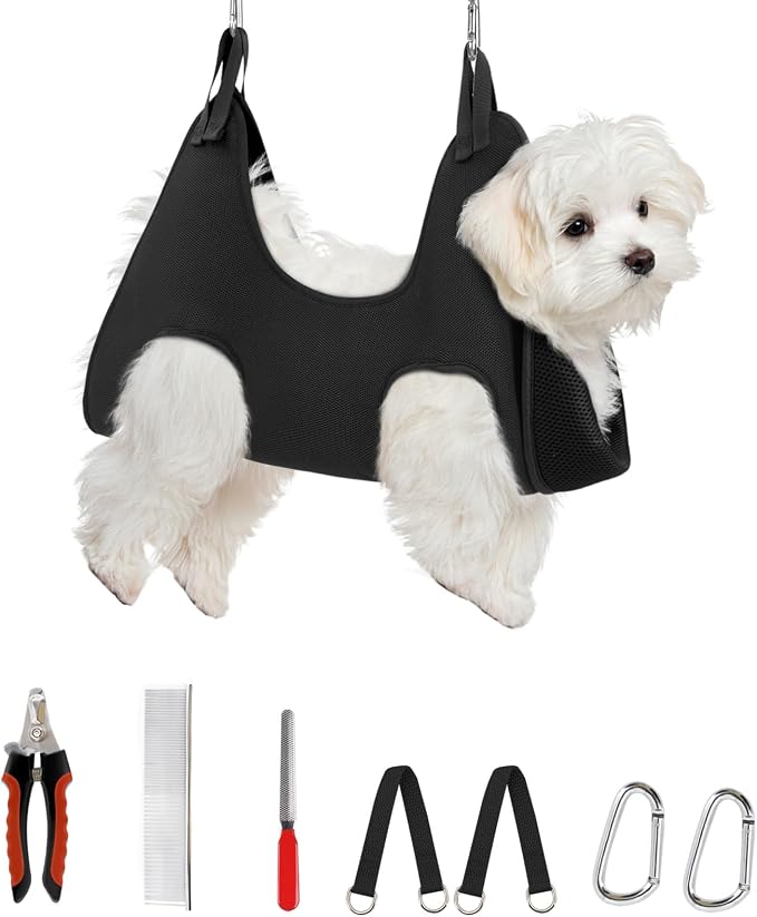 Supet Dog Grooming Hammock for Nail Trimming, Pet Grooming Hanging Harness | Restraint Dog Leashes Sling, Stress-Free Animal Holder Set for Clipping Nails, Ear & Eye Cleaning, Medicine(Black, 2XS)