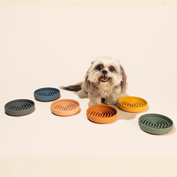 Slow Feeder Dog Bowls - Small Size Silicone Slow Eating Dog Bowl for Puppies & Dogs with Suction Cup -Dishwasher-Safe, Lick Mat Design, Reduces Gulping, for All Breeds, 6”x1.25”- Honey